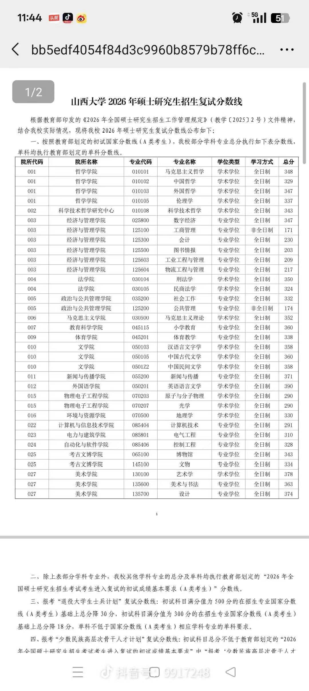山西大学复试分数线